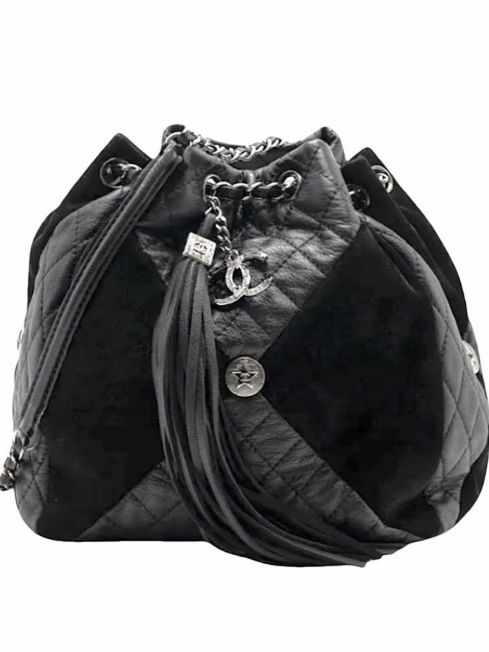 CHANEL Black Quilted & Suede Drawstring Bucket Bag with Tassel and CC Charm